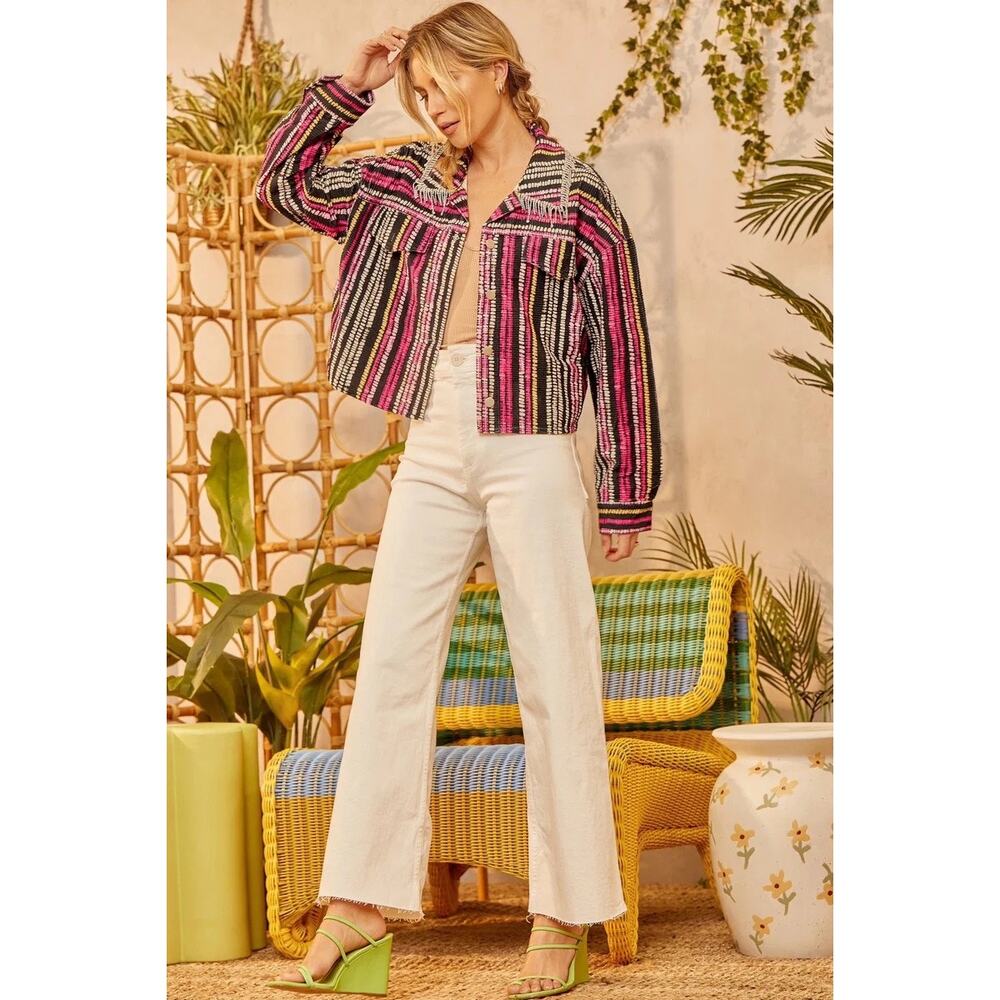 NWT Emily Wonder Multicolor Corduroy Rhinestone Fringe Jacket Medium Burning Man